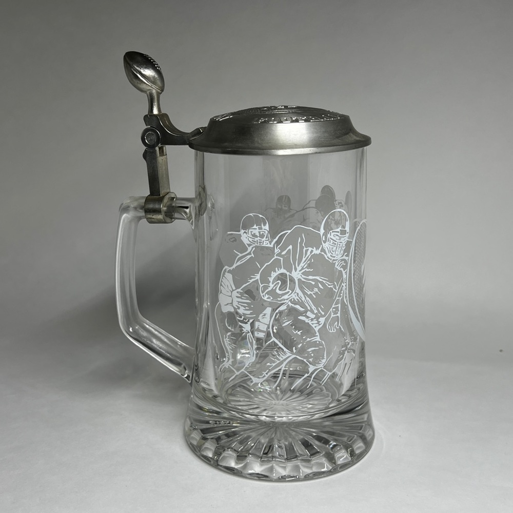 Vintage NFL Italian Glass Germany Made Pewter Mechanism Figural Top Beer Stein